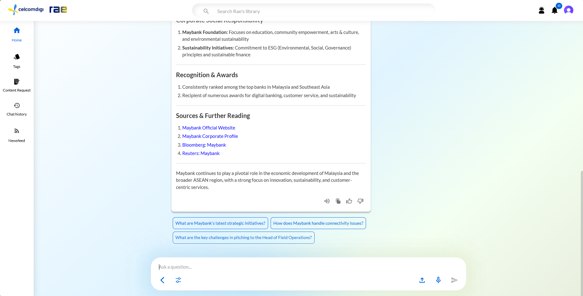 Rae Chat showing grounded sources and suggested follow-up questions