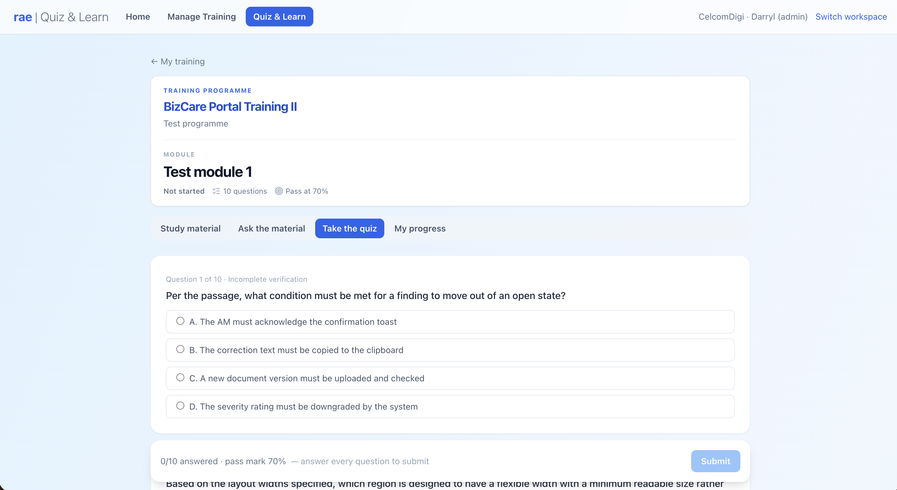 Rae Quiz & Learn showing a training module quiz question with multiple-choice answers